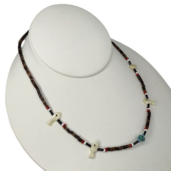 Native American Carved Mother Of Pearl Fish Fetish Necklace 16.5" Southwestern - Picture 3 of 8